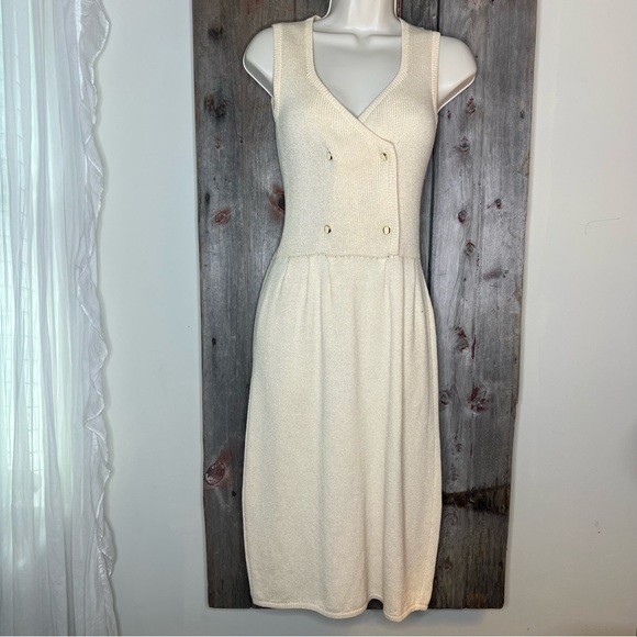 Vintage 70s St. John Cream Santana Knit Double Breasted Sleeveless Dress sz XS - Picture 2 of 15